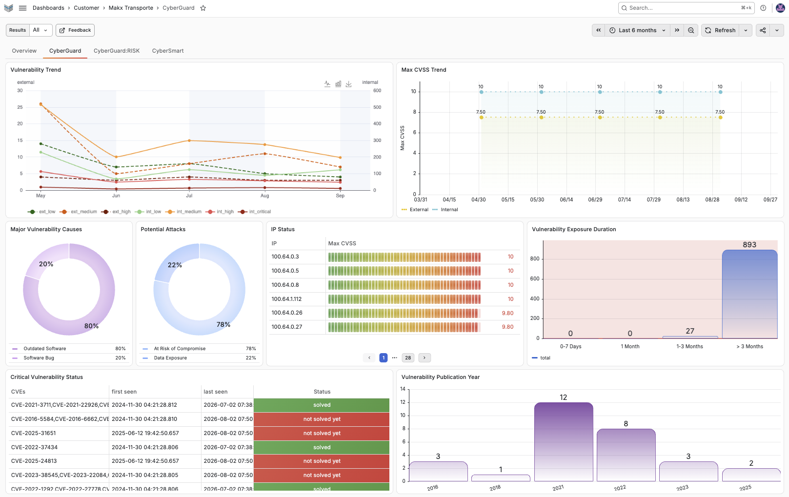 Technische Detailansicht im CyberGuard Dashboard mit einzelnen Findings, CVSS-Werten und betroffenen Assets.